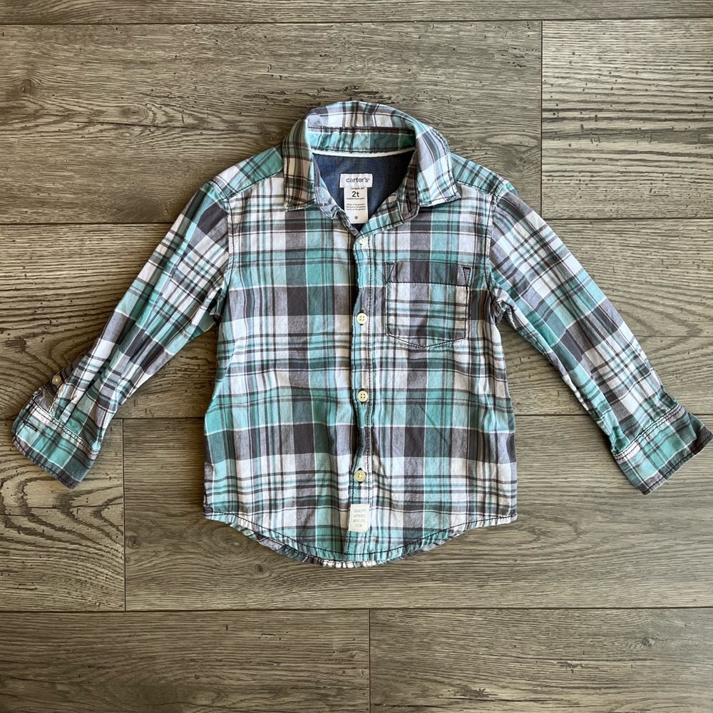 Carter’s Toddler Boy Plaid Long Sleeve Button Down Dress Shirt Blue Gray 2T